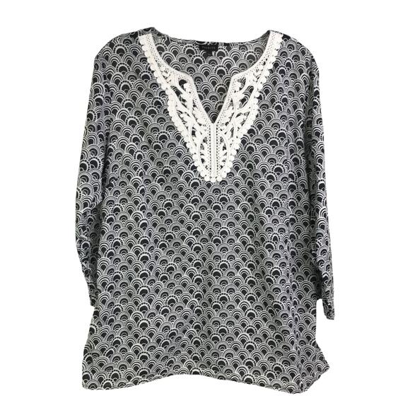 Talbots Tunic Top Womens Size Large Black Geometric Lace V-Neck Long Sleeve - Picture 1 of 8